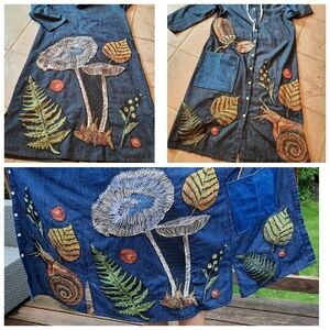 Upcycled long denim coat L "Forest Finds" appliques mushroom snail